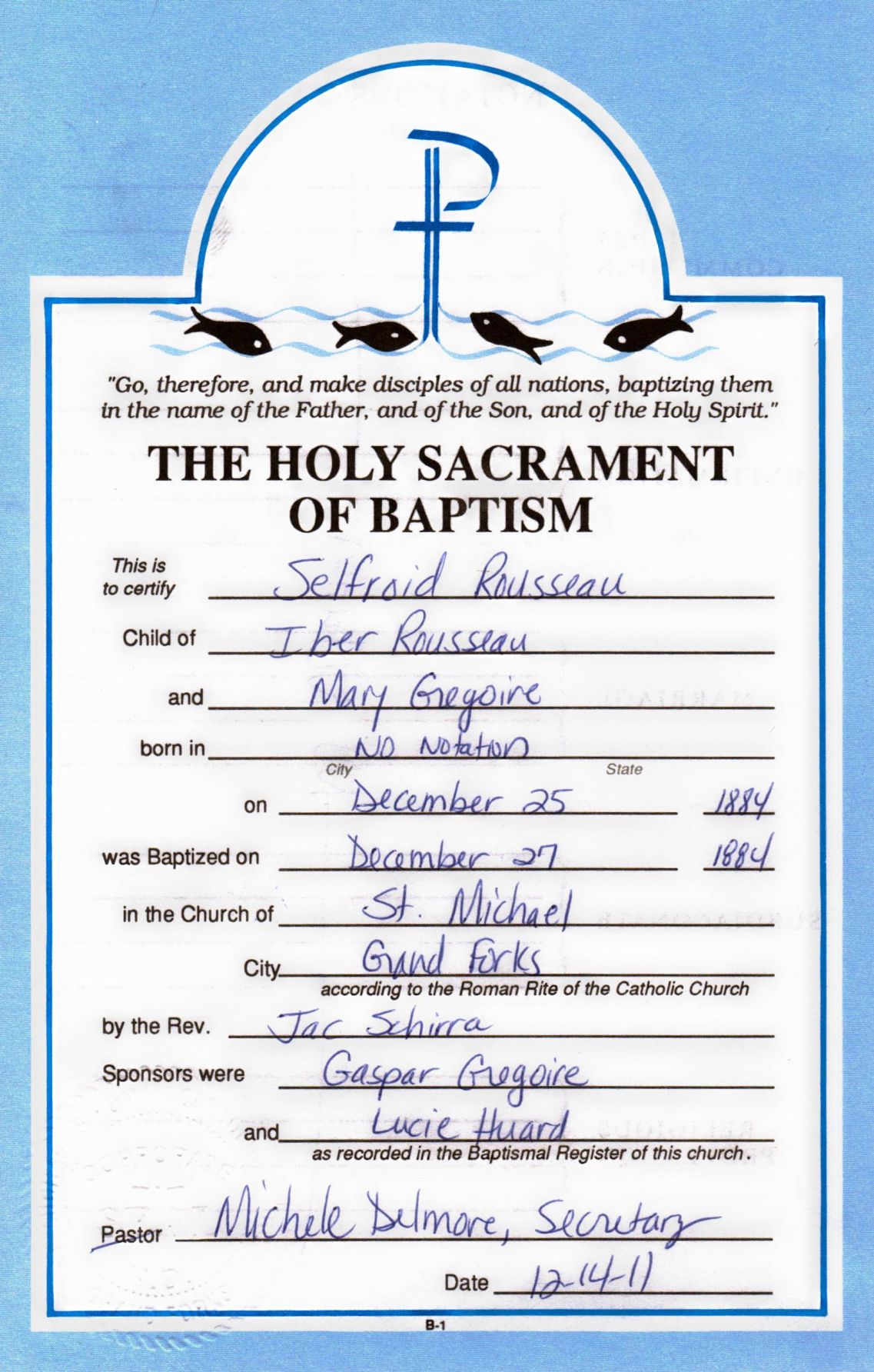 1884 Baptismal Certificate of Siffroid Rousseau